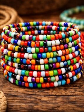 Multicolor Seed Bead Stretch Bracelet Stack Boho Festival Layered Size 6.5